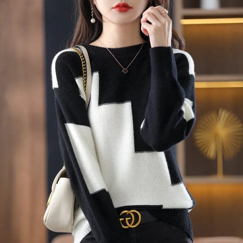 2022 Fashionable Loose Fit O-Neck Patchwork Knit Sweater for Women - Premium  from Liograft - Just $32.95! Shop now at Liograft