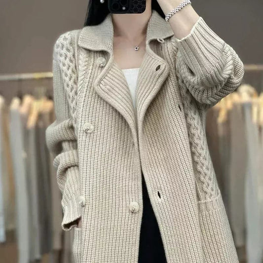 Luxurious Cashmere Lace-Up Cardigan with Suit Collar for Women-Liograft