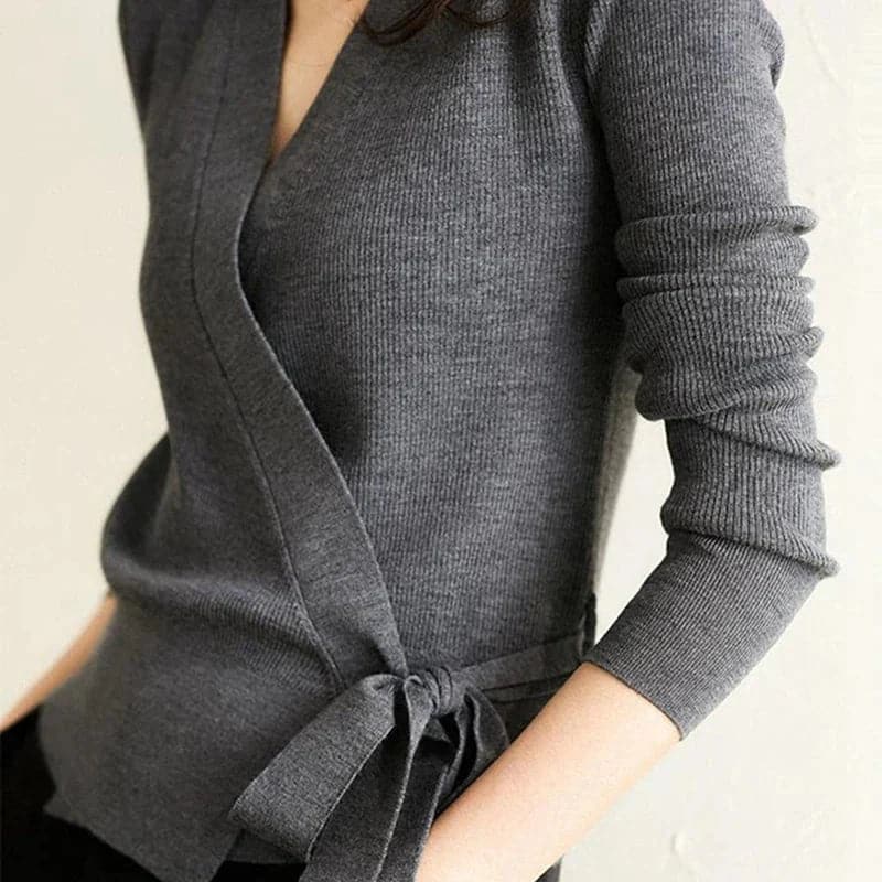 Elegant Lace-Up V-Neck Knit Cardigan for Women-Liograft