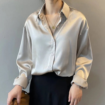 Elegant White Silk Korean Office Ladies Satin Blouse with Vintage Style - Premium  from Liograft - Just $25.95! Shop now at Liograft
