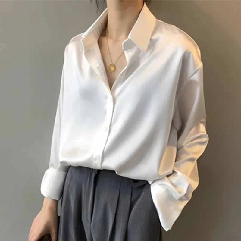Elegant White Silk Korean Office Ladies Satin Blouse with Vintage Style - Premium  from Liograft - Just $25.95! Shop now at Liograft