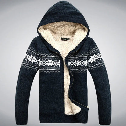 Winter Men's Wool Fleece Hooded Cardigan Sweater in Red Blue Liograft