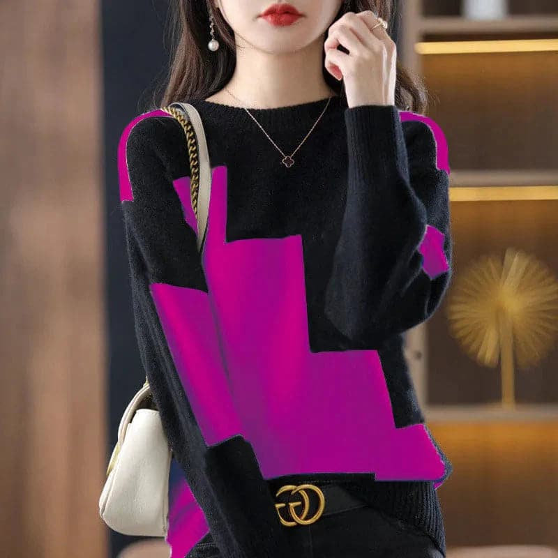 Knitted Color Block O-Neck Sweater for Women - 2022 Autumn Collection - Premium  from Liograft - Just $32.95! Shop now at Liograft