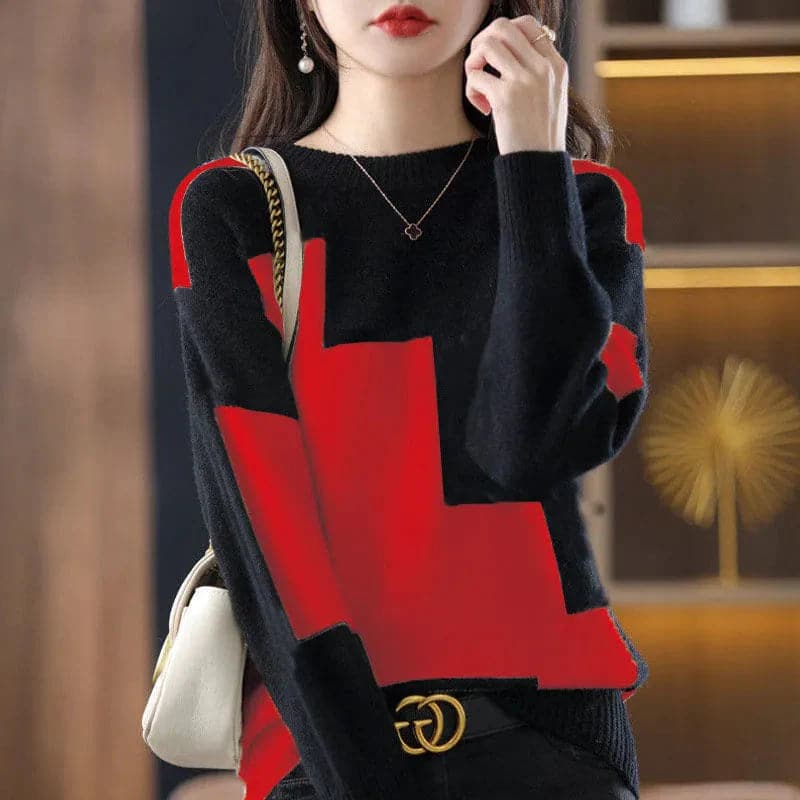 Knitted Color Block O-Neck Sweater for Women - 2022 Autumn Collection - Premium  from Liograft - Just $32.95! Shop now at Liograft