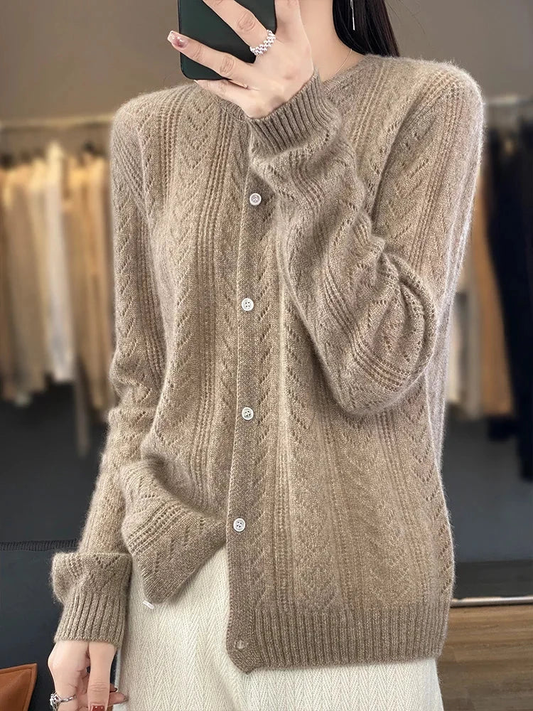 Women's Korean Style Hollow Out Knit Wool Cardigan Liograft