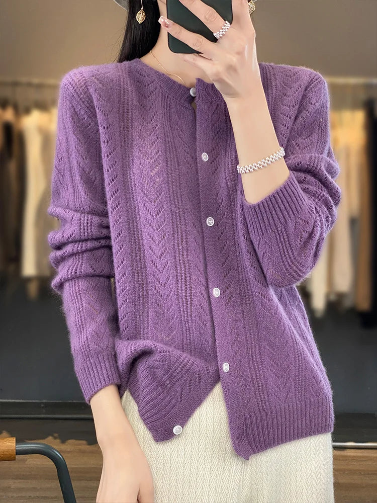 Women's Korean Style Hollow Out Knit Wool Cardigan Liograft