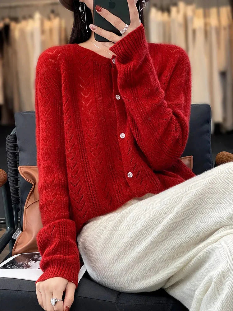 Women's Korean Style Hollow Out Knit Wool Cardigan Liograft