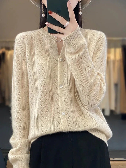 Women's Korean Style Hollow Out Knit Wool Cardigan Liograft