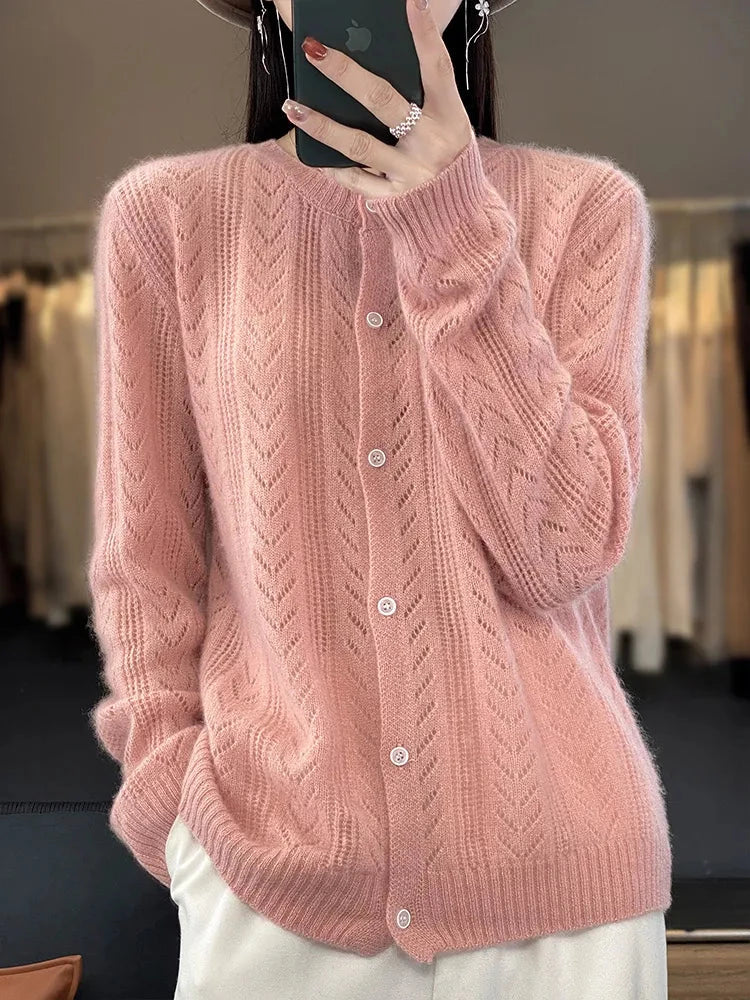 Women's Korean Style Hollow Out Knit Wool Cardigan Liograft