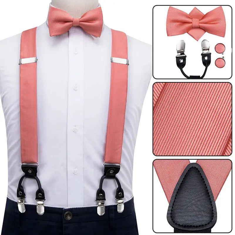 Luxury Silk Adult Men's Suspenders Metal 6 Clips Braces Bow Tie Hanky Cufflinks Male Wedding Party Vintage Elastic Adjustable - Premium  from Liograft - Just $31.95! Shop now at Liograft