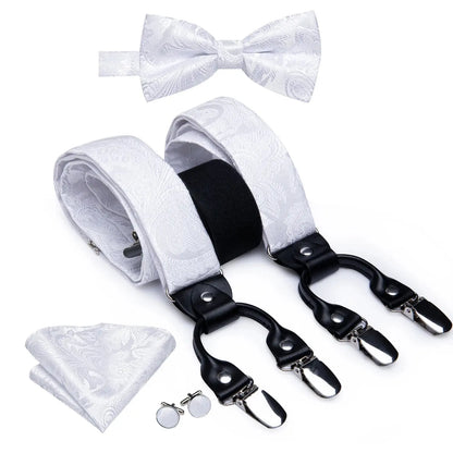 Luxury Silk Adult Men's Suspenders Metal 6 Clips Braces Bow Tie Hanky Cufflinks Male Wedding Party Vintage Elastic Adjustable - Premium  from Liograft - Just $31.95! Shop now at Liograft