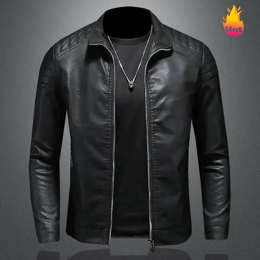 Men's Stylish Leather Motorcycle Jacket with Stand-Up Collar-Liograft