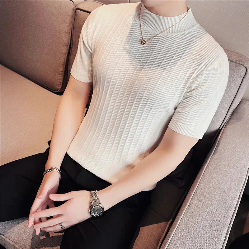 Men's High-End Casual Slim Fit Short Sleeve Striped Sweater with High Collar - Premium  from Liograft - Just $39.95! Shop now at Liograft