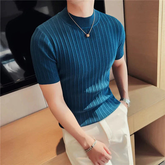 Slim Fit Striped Sweater with High Collar for Men Liograft