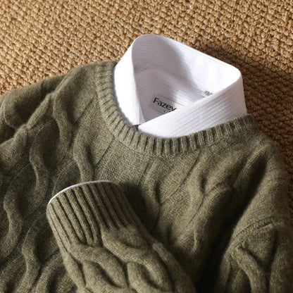 Men's O-Neck Merino Wool Twisted Pullover Sweater-Liograft