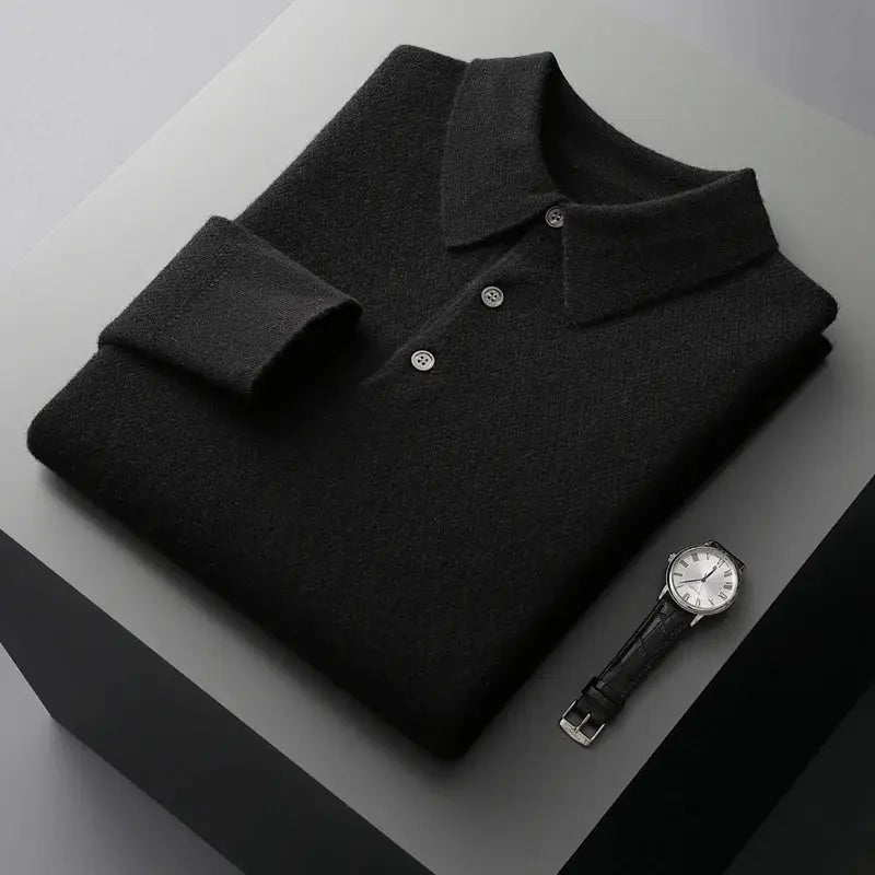 Men's Pure Merino Wool Polo Collar Pullover with Honeycomb Needle Pattern - Premium  from Liograft - Just $107.95! Shop now at Liograft
