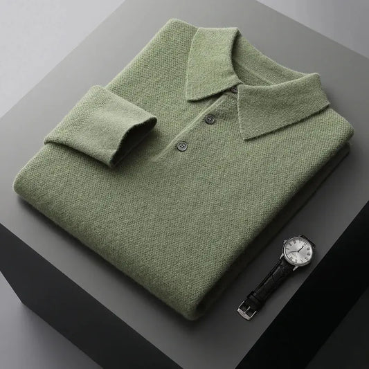 Men's Merino Wool Polo Collar Honeycomb Pattern Pullover-Liograft