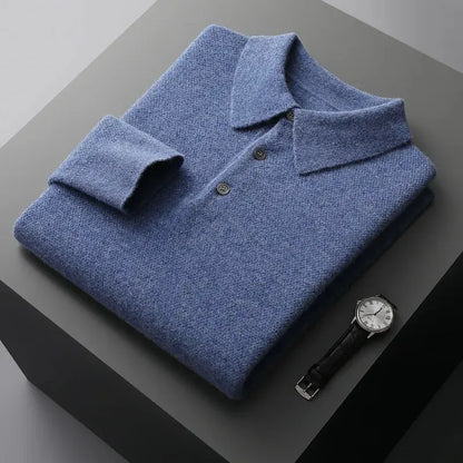 Men's Pure Merino Wool Polo Collar Pullover with Honeycomb Needle Pattern - Premium  from Liograft - Just $107.95! Shop now at Liograft