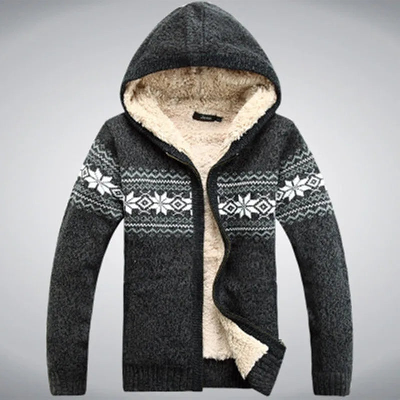 Men's Winter Hooded Thick Fleece Wool Cardigan Sweater Coat-Liograft