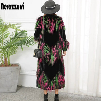Nerazzurri Winter Multicolor Long Faux Fur Coat - Designer Korean Fashion with V Neck - Premium  from Liograft - Just $196.95! Shop now at Liograft