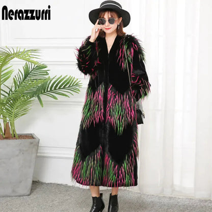 Nerazzurri Winter Multicolor Long Faux Fur Coat - Designer Korean Fashion with V Neck - Premium  from Liograft - Just $196.95! Shop now at Liograft