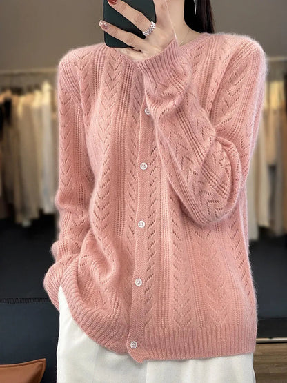 O-neck Wool Cardigan for Women - Korean Fashion Style Knitwear with Crochet Detail - Premium  from Liograft - Just $54.95! Shop now at Liograft
