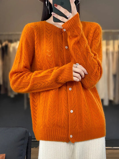 O-neck Wool Cardigan with Crochet Detail - Versatile Korean Fashion Knitwear for Women Liograft