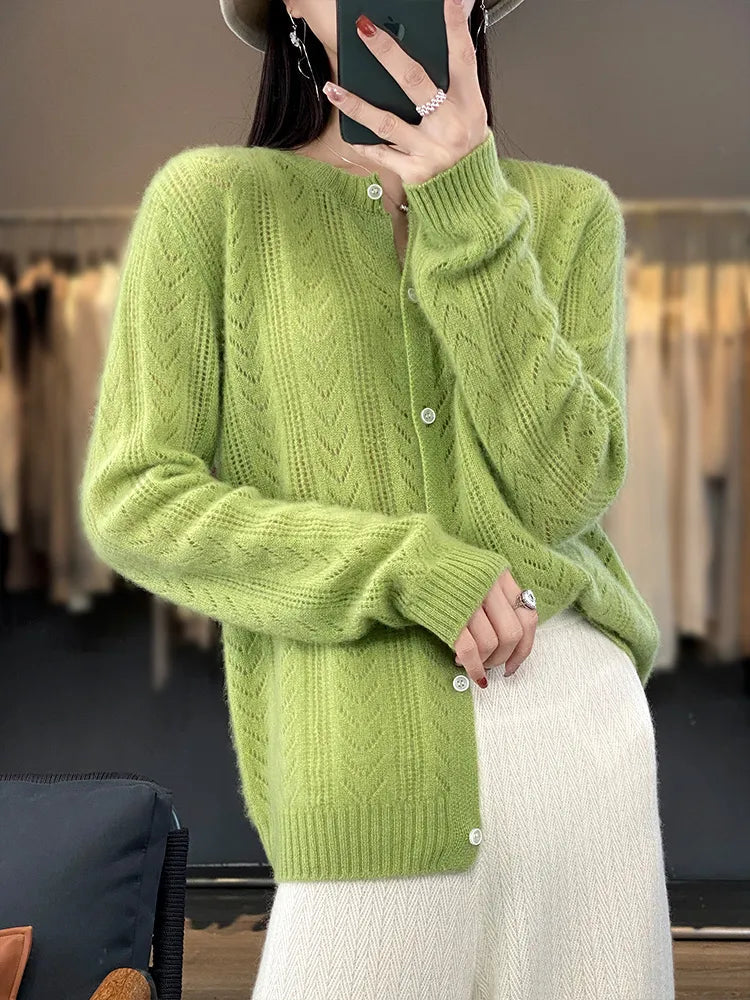 O-neck Wool Cardigan with Crochet Detail - Versatile Korean Fashion Knitwear for Women Liograft