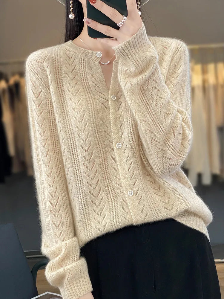 O-neck Wool Cardigan for Women - Korean Fashion Style Knitwear with Crochet Detail - Premium  from Liograft - Just $54.95! Shop now at Liograft