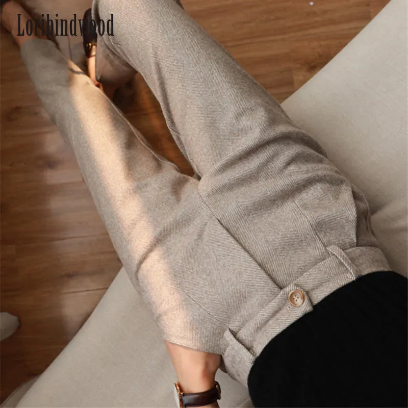 Sophisticated High-Waisted Woolen Harem Pencil Pants for Stylish Women Liograft