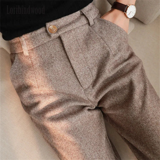 Sophisticated High-Waisted Woolen Harem Pencil Pants for Stylish Women Liograft