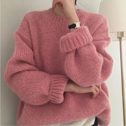 Oversized Pink Women's Winter Sweater with Puff Sleeves Liograft