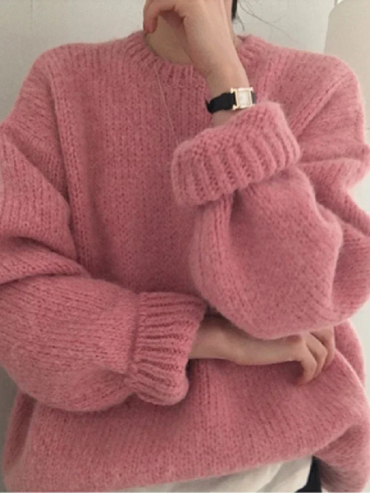 Oversized Pink Women's Winter Sweater with Puff Sleeves - Premium  from Liograft - Just $43.95! Shop now at Liograft