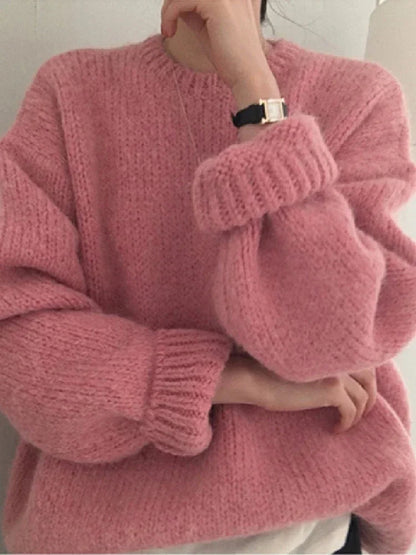 Oversized Pink Women's Winter Sweater with Puff Sleeves Liograft