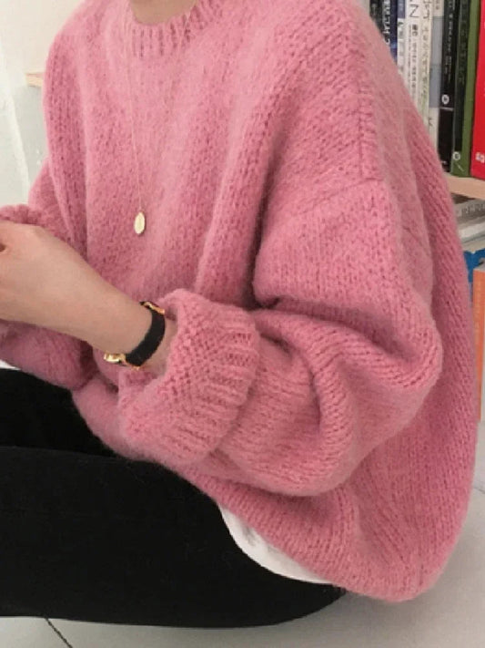 Oversized Pink Women's Winter Sweater with Puff Sleeves Liograft