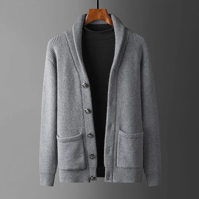 Men's Relaxed Thick Sweater Coat with Turn-Down Collar and Button Closure-Liograft