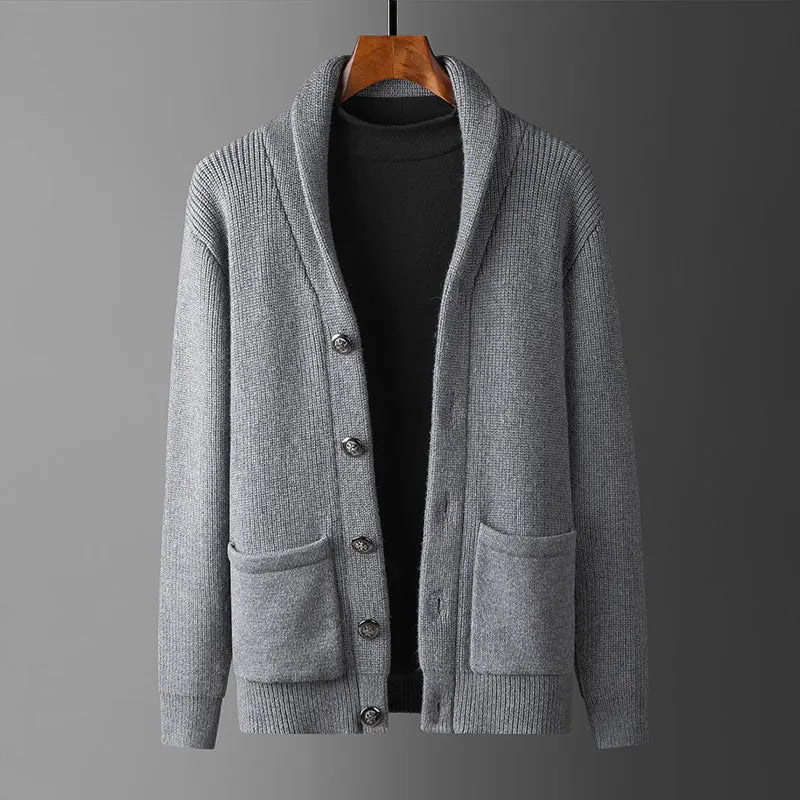 Men's Relaxed Thick Sweater Coat with Turn-Down Collar and Button Closure-Liograft