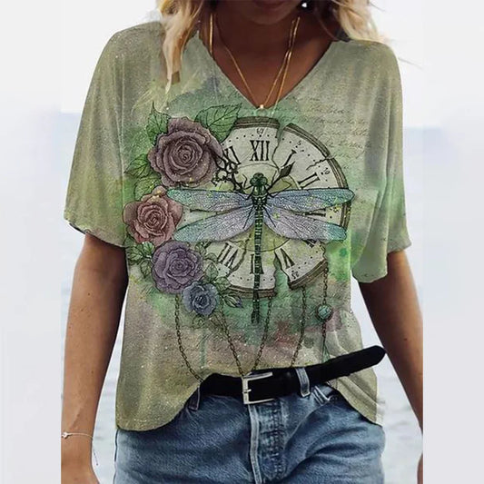 Vintage Floral Vibes: Women's Summer Gradient Graphics V-Neck T-shirts - Fashionable Loose Oversized Tees with Floral Print, Perfect for Vintage Clothing