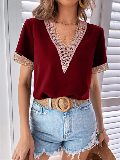 Chic Summer Style: Women's Hollow Out Lace Decor V-Neck Short Sleeve Blouse - Casual Loose Pullover Tops in Solid Colors