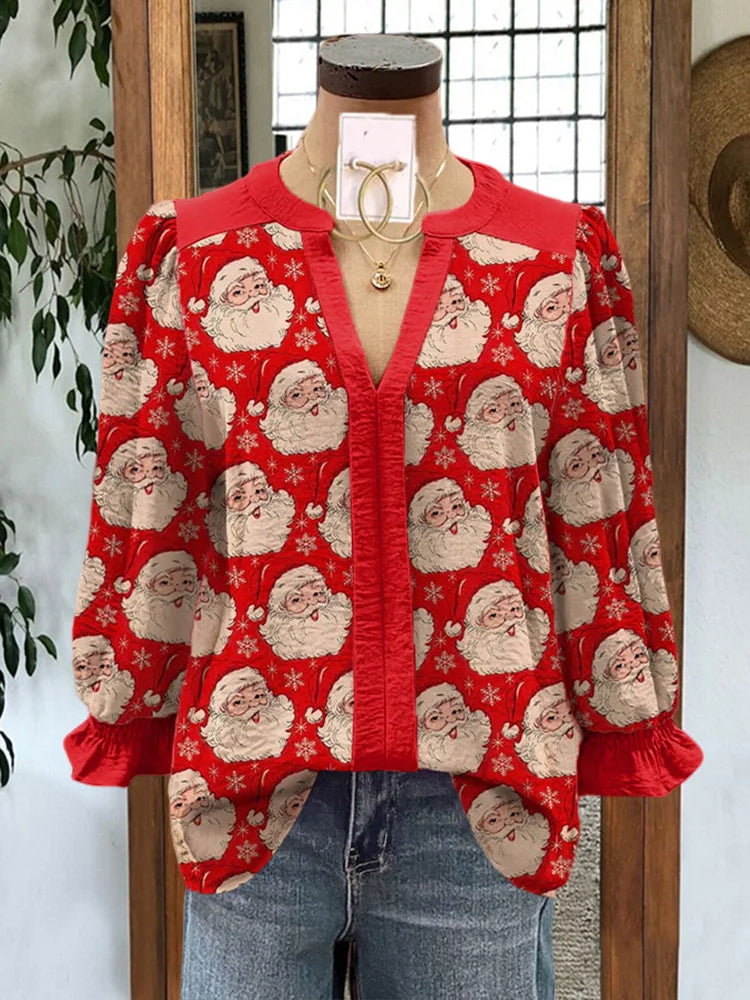 Santa Claus Print V-Neck Casual Blouse for Women - Premium  from Liograft - Just $40.95! Shop now at Liograft
