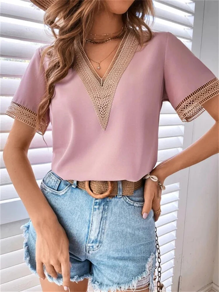 Chic Summer Style: Women's Hollow Out Lace Decor V-Neck Short Sleeve Blouse - Casual Loose Pullover Tops in Solid Colors