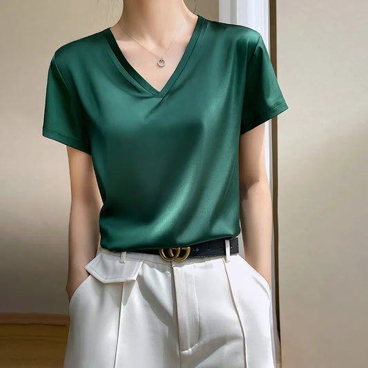 Summer Essentials: Women's Satin Silk V-Neck Short Sleeve T-shirts - Elegant Thin Tops for a Sophisticated Look