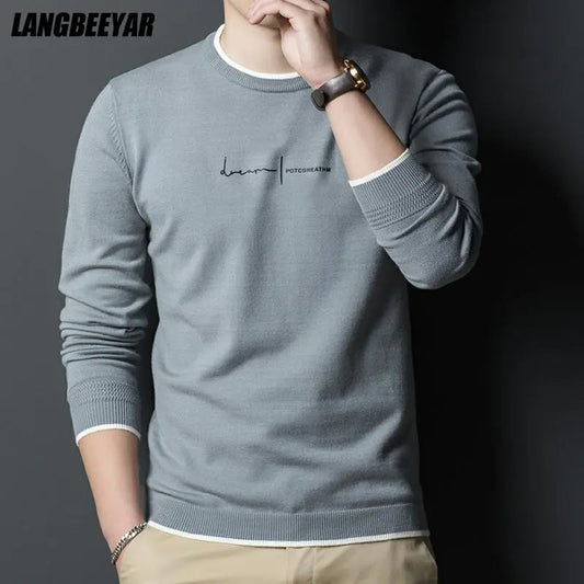 Navy Crew Letter Print Slim Fit Pullover Sweater for Men Liograft