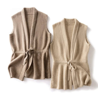 Sophisticated 100% Merino Wool V-Neck Tie Vest Women's Short Knit Cardigan Coat - Premium  from Liograft - Just $80.95! Shop now at Liograft