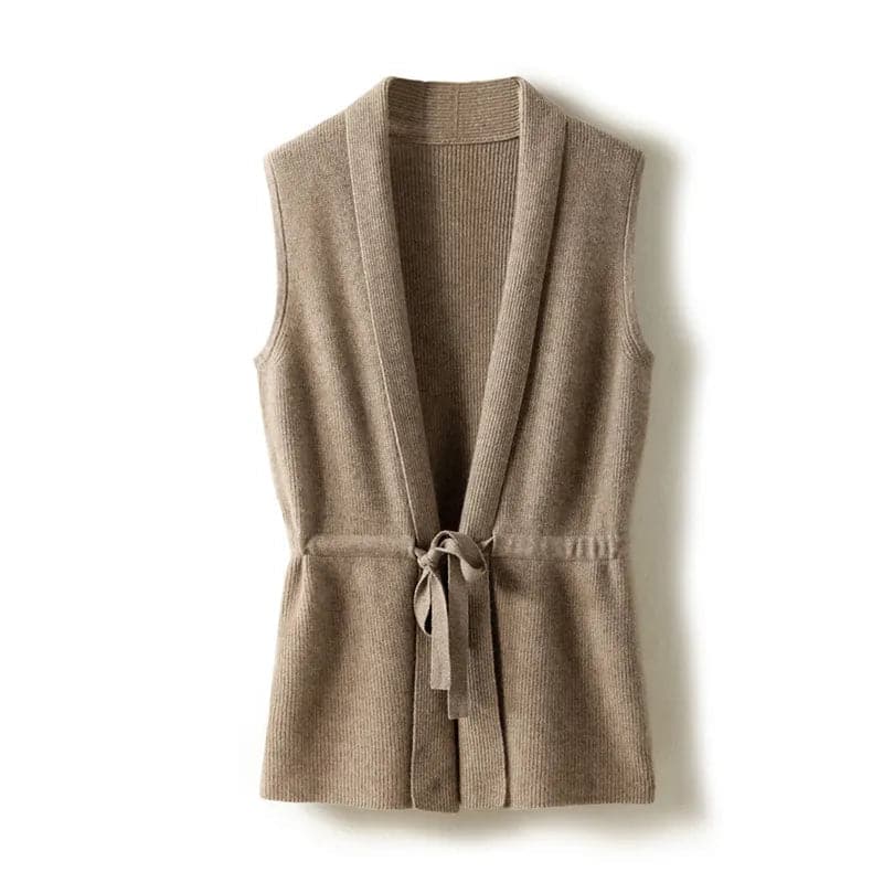 Elegant 100% Merino Wool V-Neck Tie Vest Women's Short Knit Cardigan Coat-Liograft