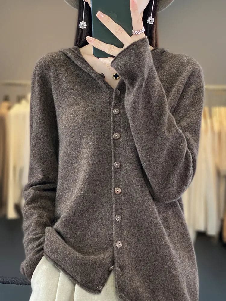 Aliceselect Spring Women's Hooded Merino Wool Cardigan Sweater-Liograft