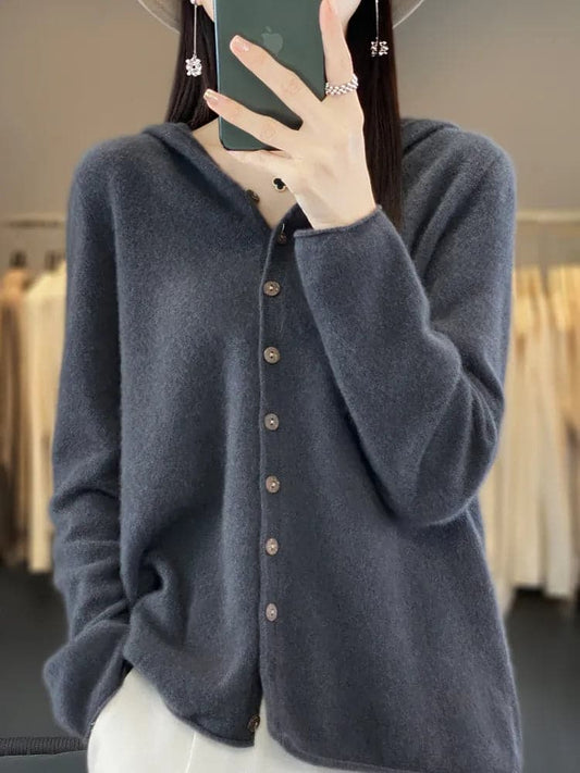 Aliceselect Spring Women's Hooded Merino Wool Cardigan Sweater-Liograft
