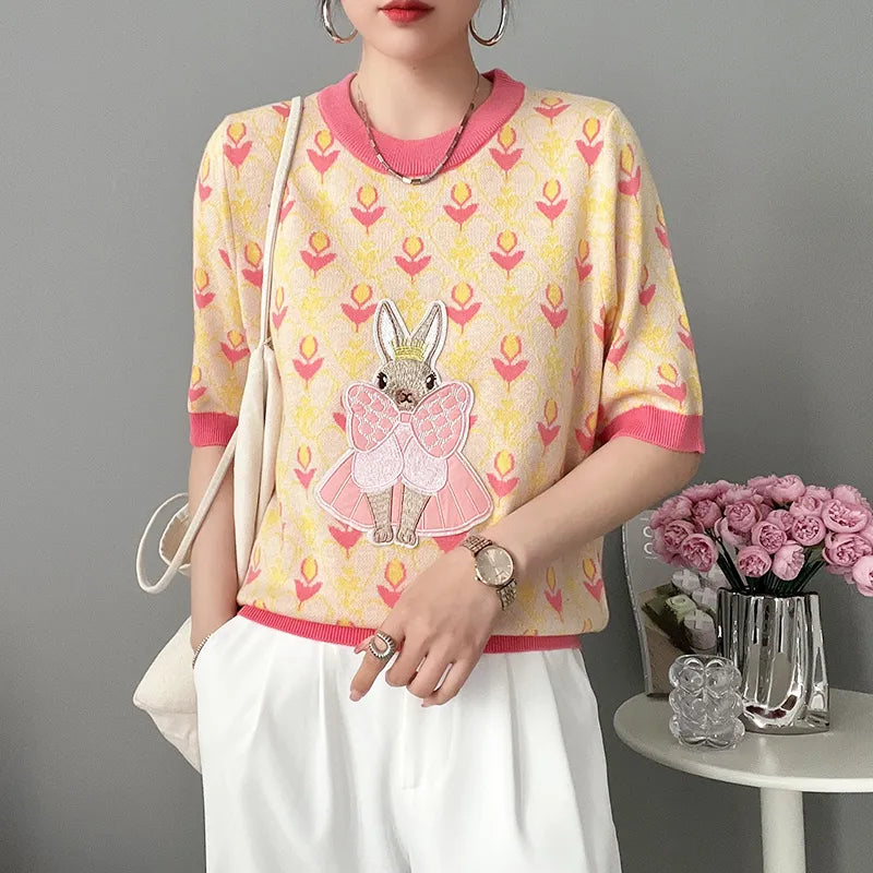Stylish European Cartoon Pattern Knitted Short Sleeve Sweater for Women - Premium  from Liograft - Just $32.95! Shop now at Liograft