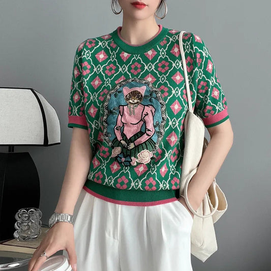 Women's Stylish European Cartoon Pattern Knitted Short Sleeve Sweater Liograft