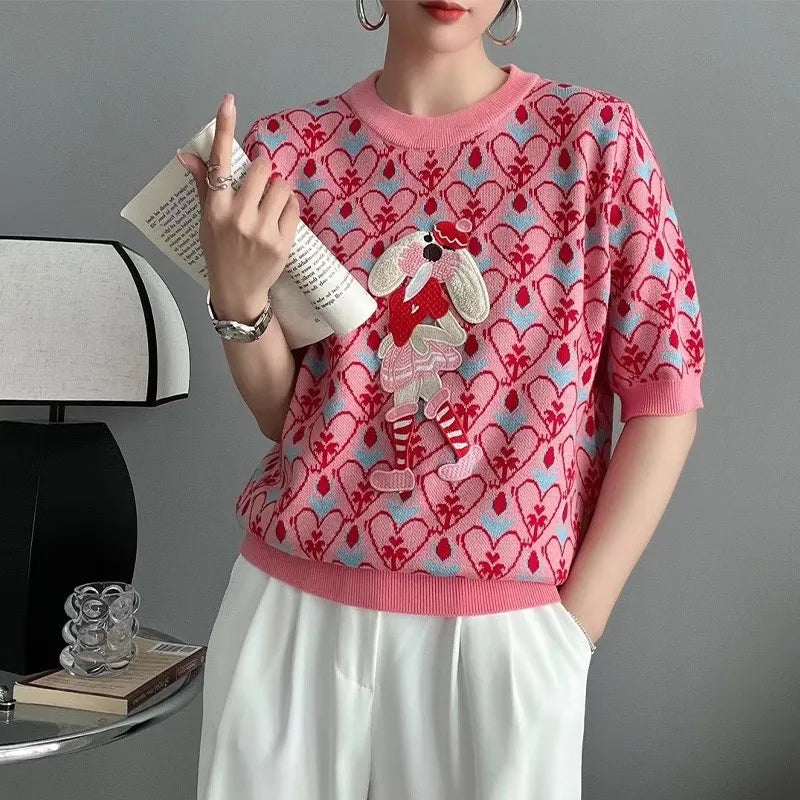 Stylish European Cartoon Pattern Knitted Short Sleeve Sweater for Women - Premium  from Liograft - Just $32.95! Shop now at Liograft